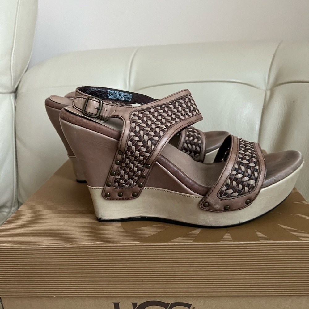 UGG Brown Wedge Sandals with Textured Straps